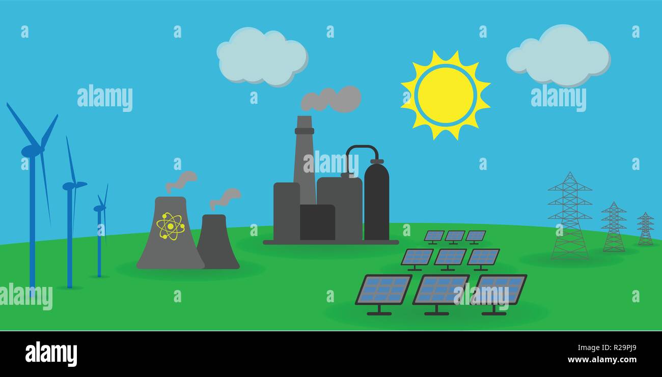 Verschiedene Energiequellen: Wind, Solar, Atomenergie, elektrische Energie, fossile Brennstoffe Kraftwerk Stock Vektor