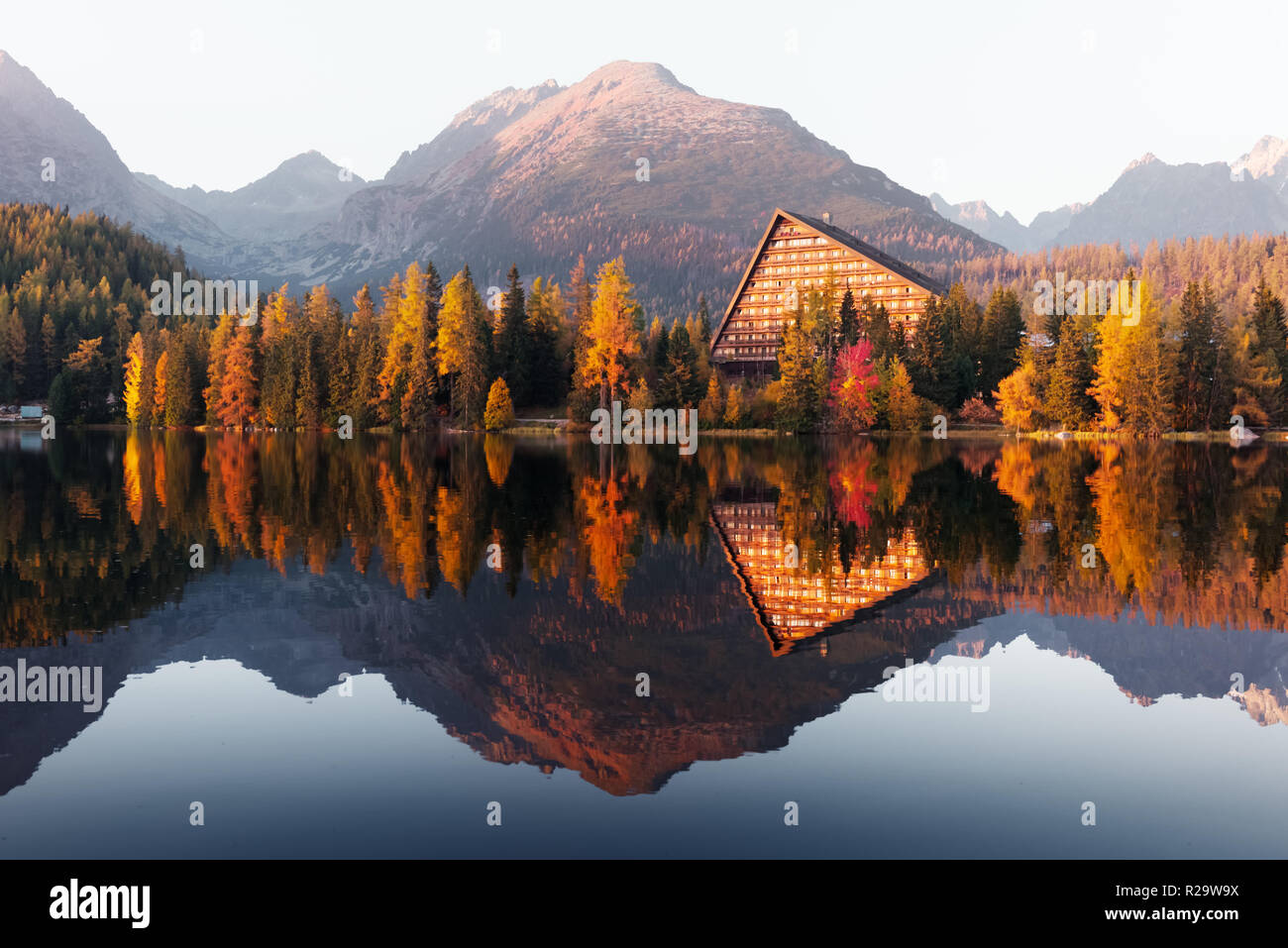 Malerischer herbst Blick auf den See Strbske Pleso in der hohen Tatra, Slowakei. Klares Wasser mit Reflexionen von orange Lärche und hohe Berge Stockfoto