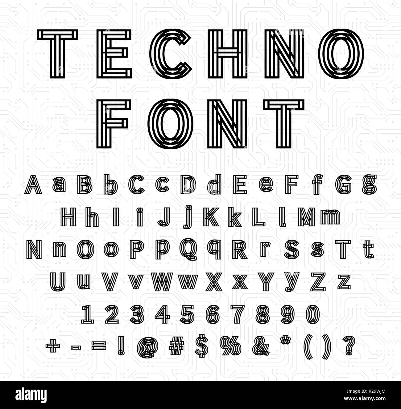 Futuristische komplizierte techno Font, schwarze Symbole isoliert auf weißem Stock Vektor