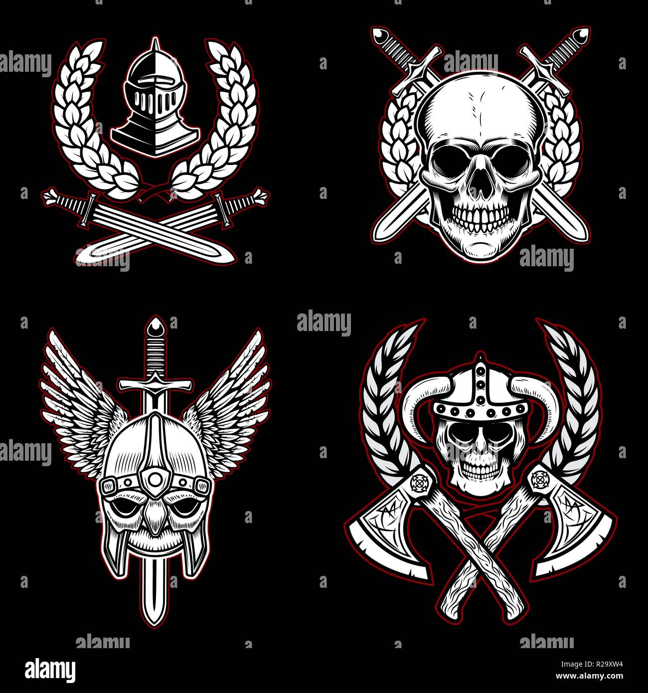 Satz von Vintage Embleme mit alten Waffen, Ritter, Wikinger. Design Element für Logo, Label, Emblem, sign. Vector Illustration Stock Vektor