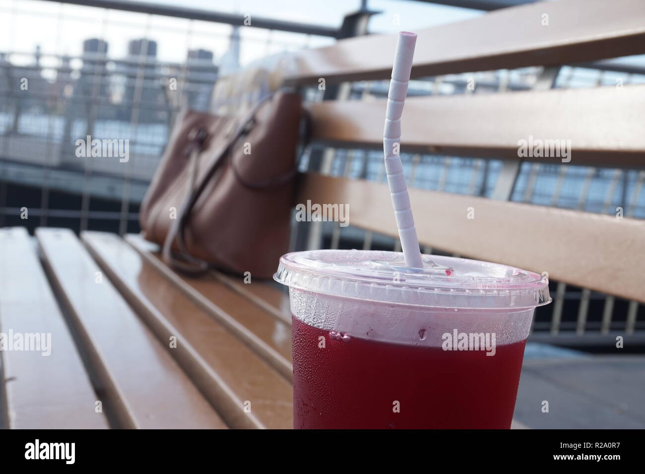 Umweltfreundliches Papier, Stroh in einer klar-cup mit kräutertees Eistee gehen, auf einer Bank in Brooklyn, New York. Eine Pause. Handtasche im Hintergrund. Stockfoto
