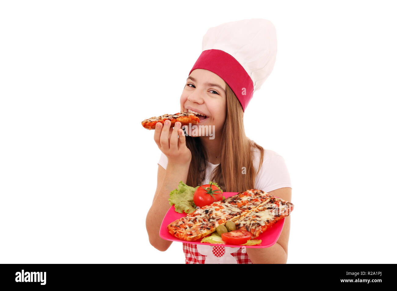 Happy girl Kochen isst ein Sandwich Stockfoto