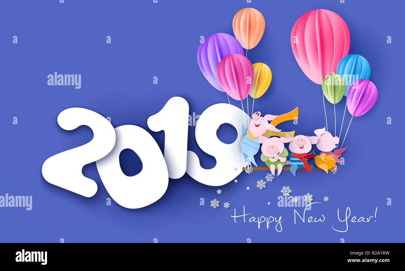 2019 Neues Jahr design Karte mit lustigen Gesellschaft von Schweinen auf Swing mit Ballons über die Zahlen auf blauem Hintergrund. Vektor Papier art Illustration. Papier geschnitten und Handwerk Stil. Stock Vektor