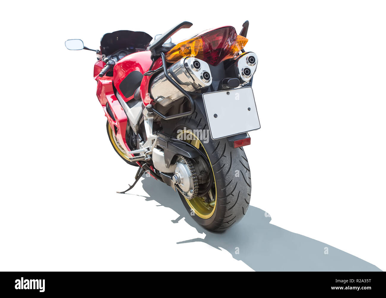 Motorrad auf der Rückseite isoliert auf weißem Hintergrund Stockfoto