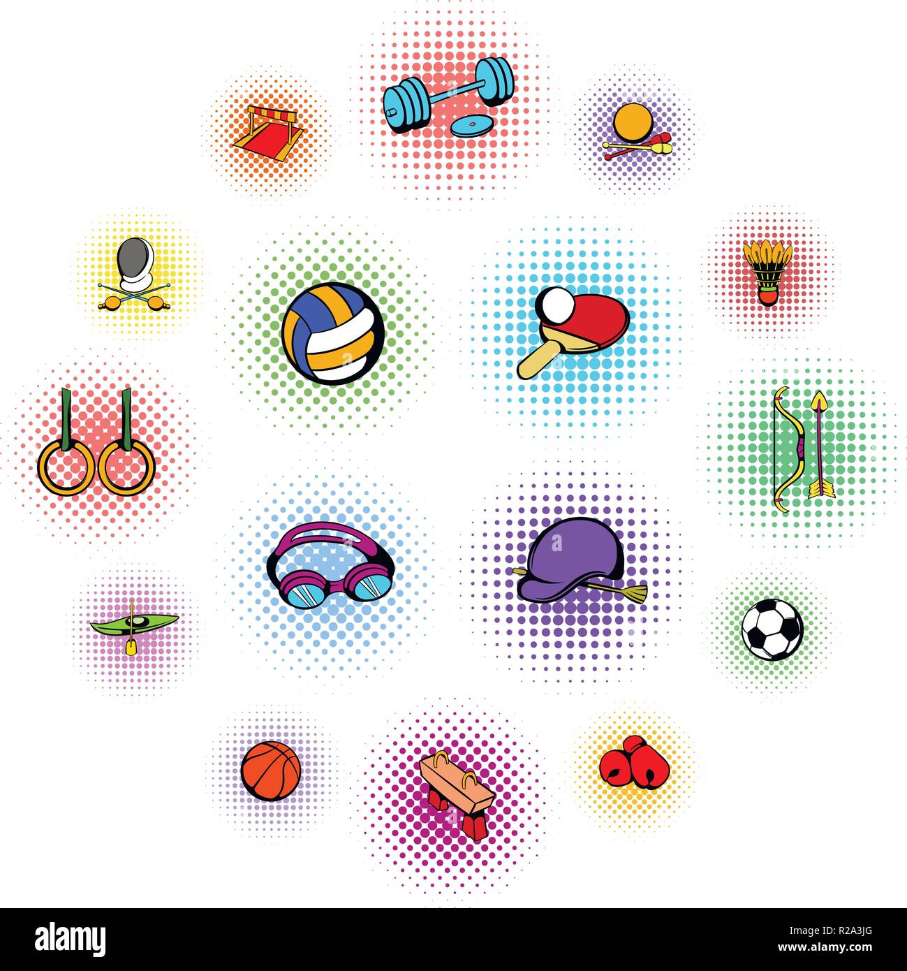 Sportgeräte Symbole im Comic Stil auf weißem Hintergrund Stock Vektor
