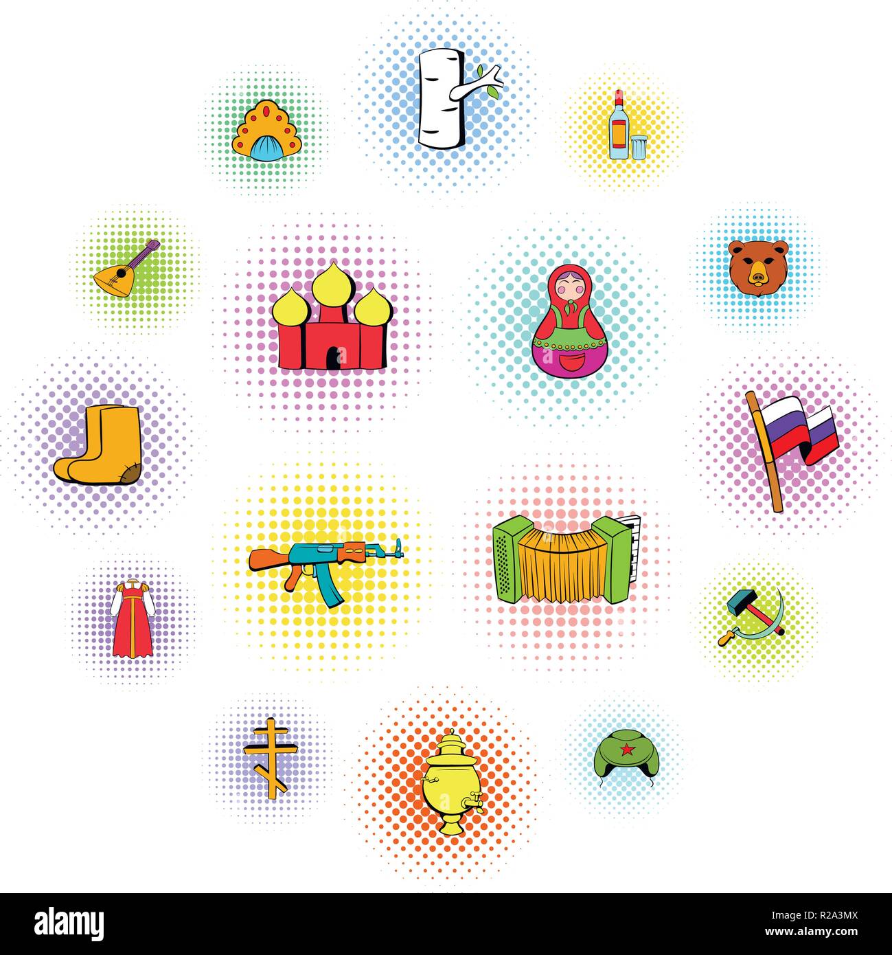 Russland Symbole im Comic Stil auf weißem Hintergrund Stock Vektor