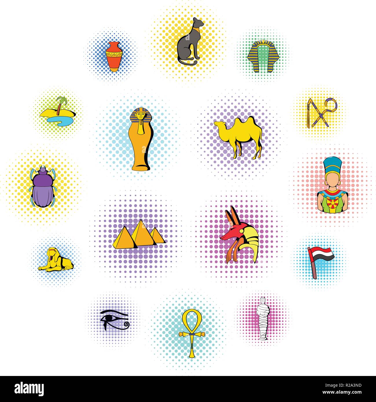 Ägypten-Icons im Comic-Stil, die isoliert auf weißem Hintergrund festlegen Stock Vektor