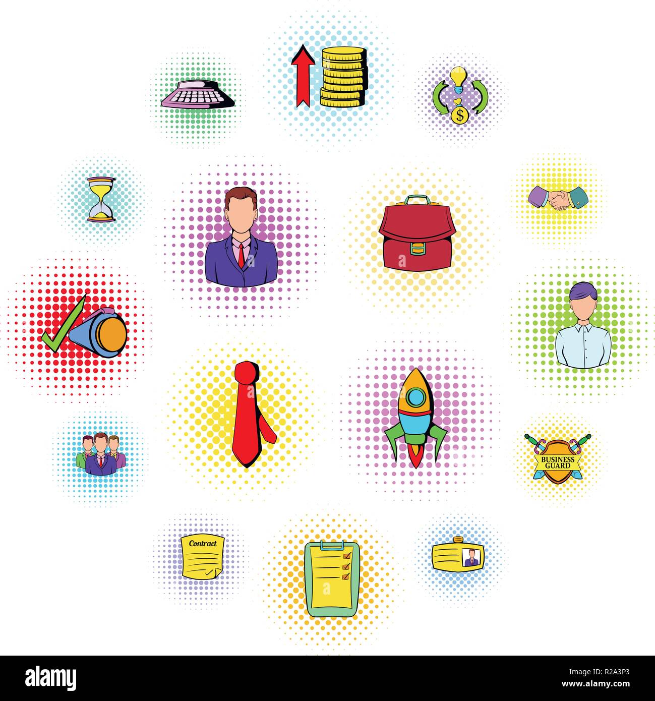 Büro- und Geschäftshaus Icons im Comic-Stil auf einem weißen Hintergrund Stock Vektor