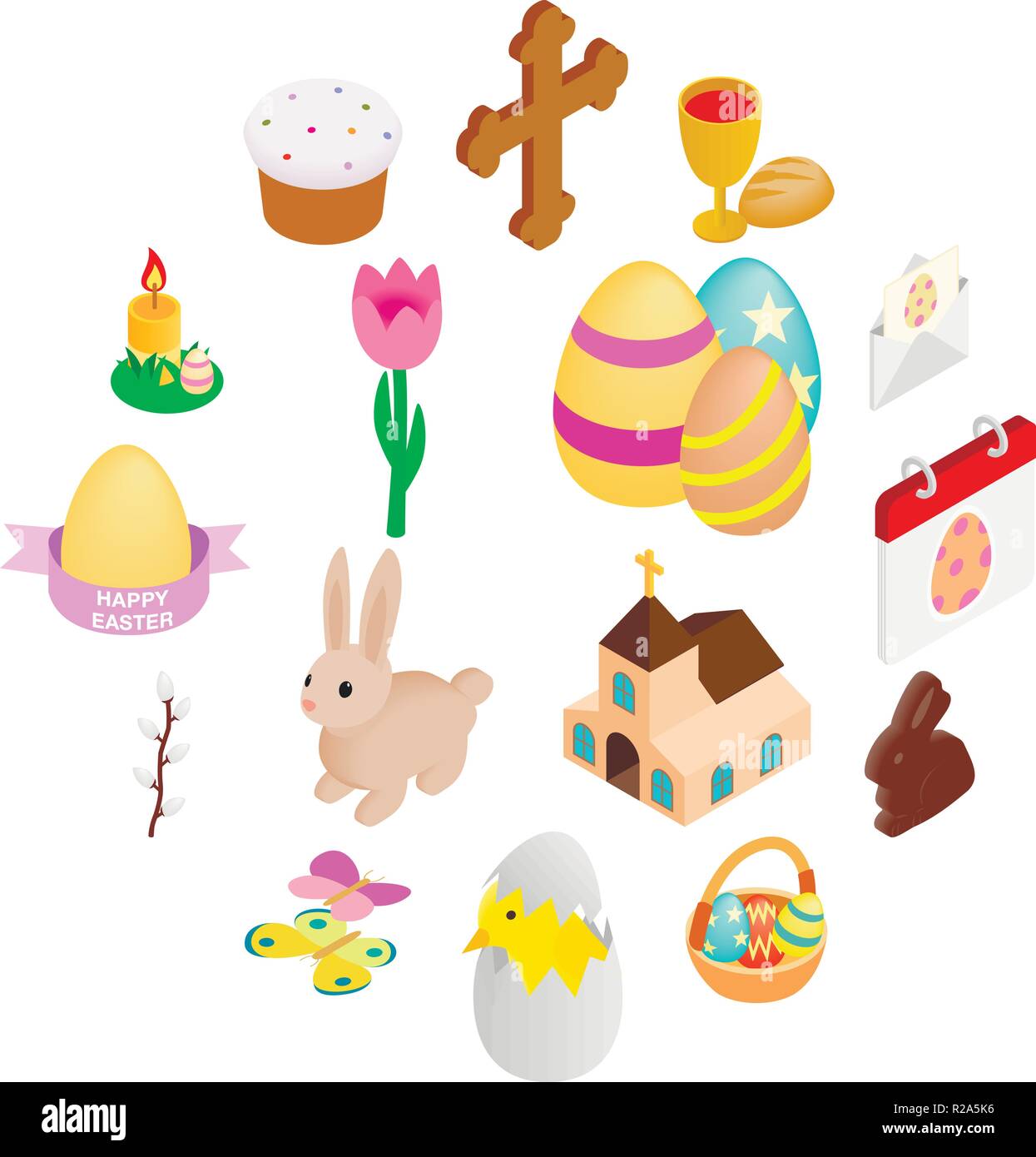 Ostern isometrische 3D-Symbole auf weißem Hintergrund Stock Vektor