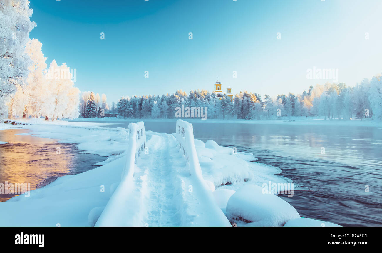 Snowy River Blick von Kuhmo - Finnland. Stockfoto