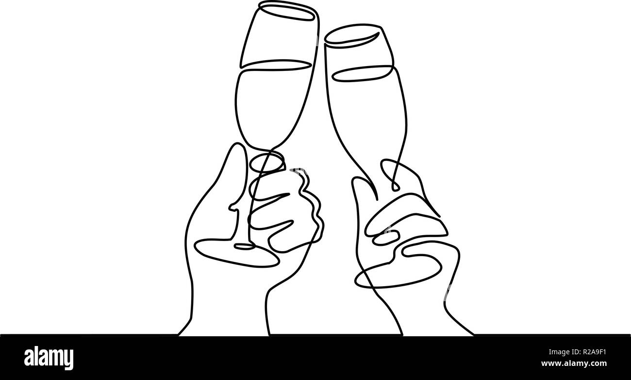 Kontinuierliche eine Linie zeichnen. Hände jubelnd mit Gläser Champagner. Vector Illustration Stock Vektor
