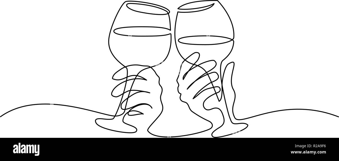 Kontinuierliche eine Linie zeichnen. Hände jubelnd mit Gläsern Wein. Vector Illustration Stock Vektor