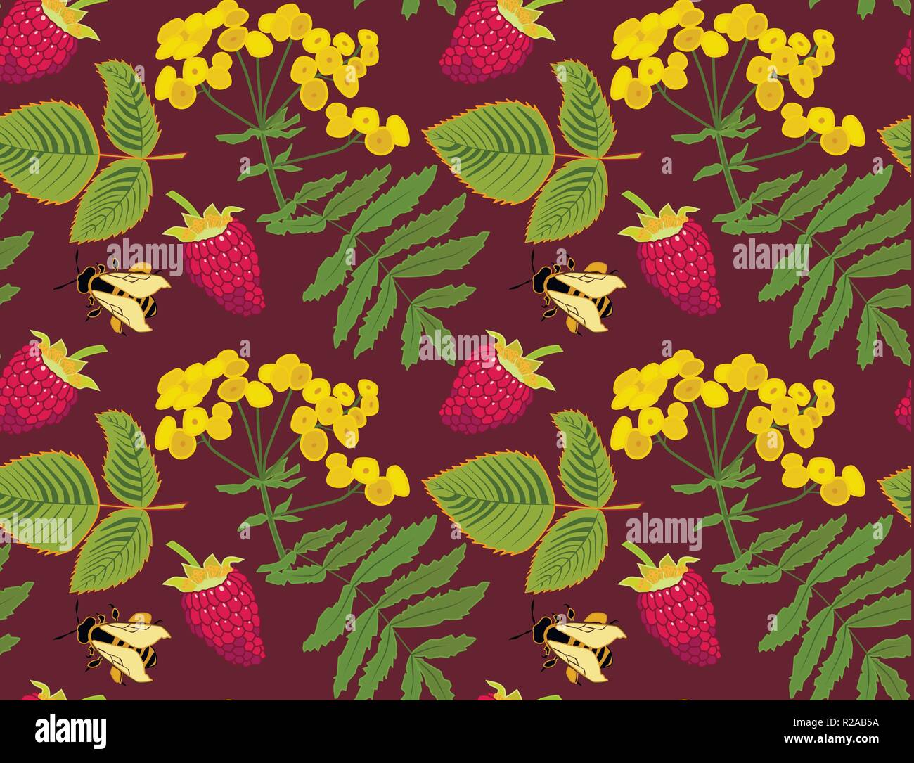 Die nahtlose Vektor Muster mit tanacetum Blumen, Himbeeren und Bienen, Burgund Hintergrund Stock Vektor