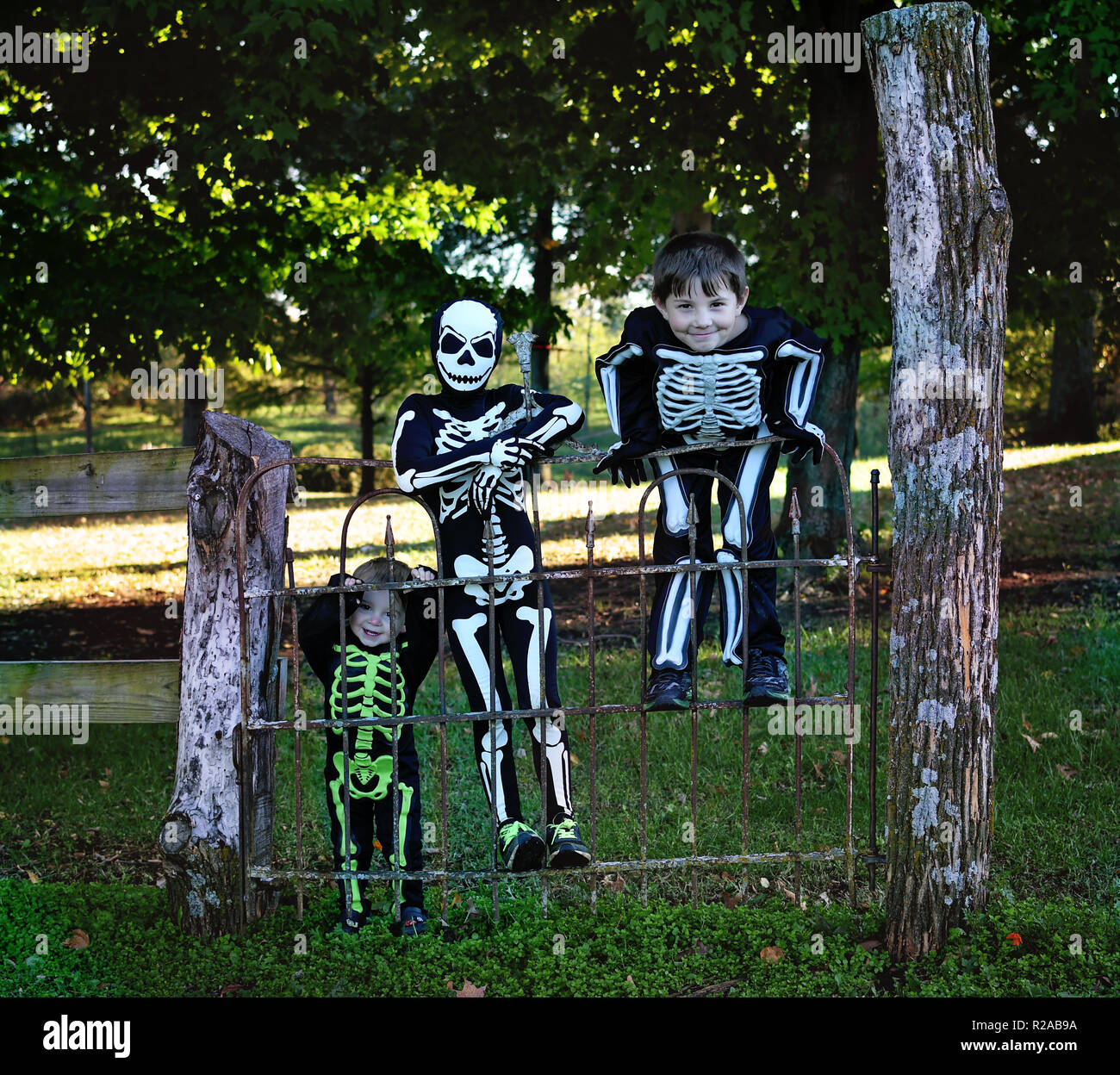 Drei Jungen im Skelett halloween Kostüme hängen an einem alten schmiedeeisernen Tor Stockfoto