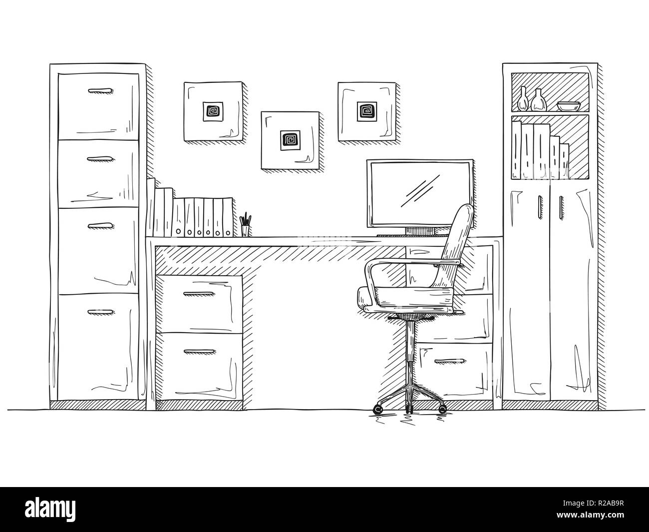 Die Zimmer Skizze. Bürostuhl, Schreibtisch, verschiedene Objekte auf dem  Tisch. Sketch Arbeitsbereich. Vector Illustration Stock-Vektorgrafik - Alamy