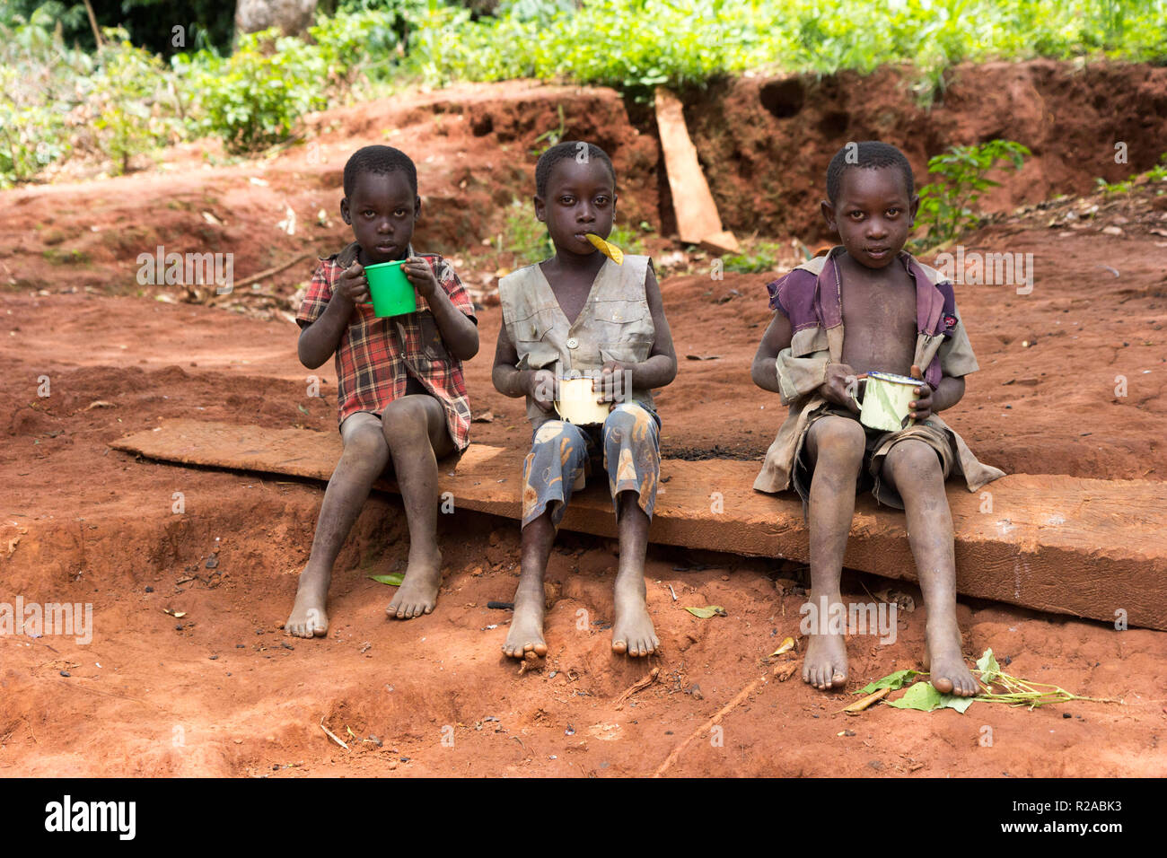 Drei Jungs sitzen auf einem hölzernen anmelden, trinken Porridge aus Bechern. Busagazi Dorf liegt am Ufer des Lake Victoria. Busagazi, Uganda. 03.Mai 2017. Stockfoto