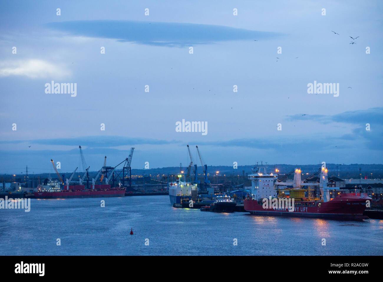 South Shields Docks in der Nacht. Große Schiffe im Hafen angedockt Stockfoto