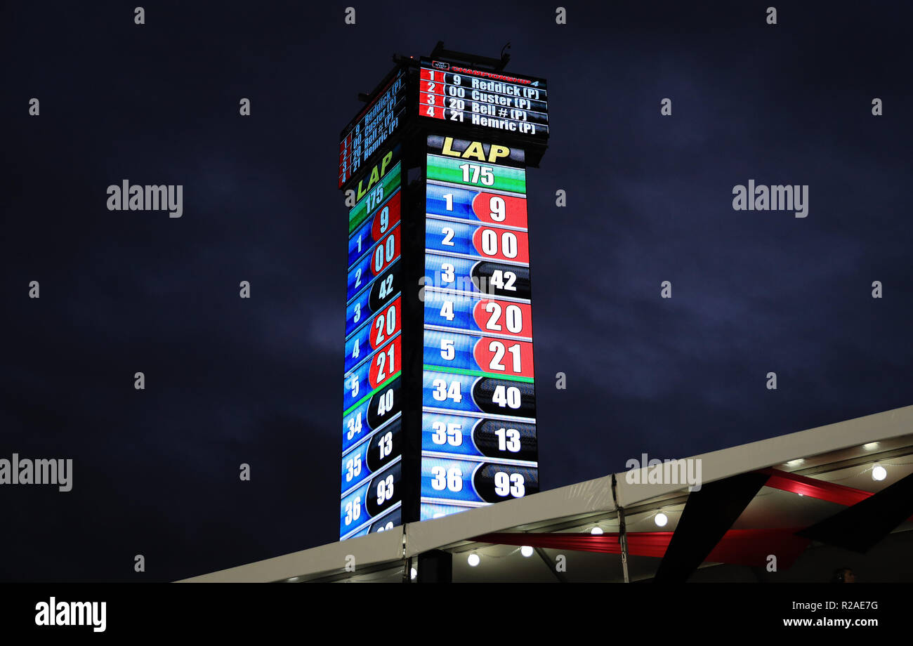 Homestead, Fla, USA. 17. Nov, 2018. Die NASCAR-Display zeigt dem Tyler Reddick, Fahrer des (9) BurgerFi Chevrolet im ersten Platz, nach 175 Runden, während der NASCAR XFINITY Serie Ford EcoBoost 300 Meisterschaft auf dem Homestead-Miami Speedway in Homestead, Fla. Mario Houben/CSM/Alamy leben Nachrichten Stockfoto