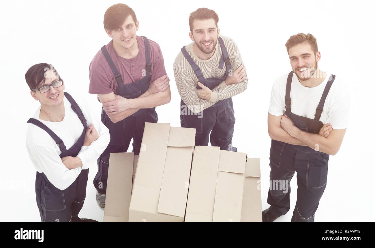 Young movers Holding boxen auf weißem Hintergrund, Stockfoto