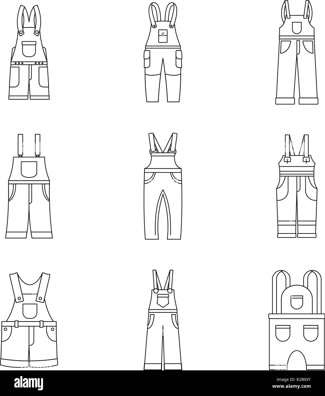 Overalls Arbeitskleidung Symbole gesetzt. Einfache Abbildung: 9 Latzhosen Berufsbekleidung Vector Icons für Web Stock Vektor
