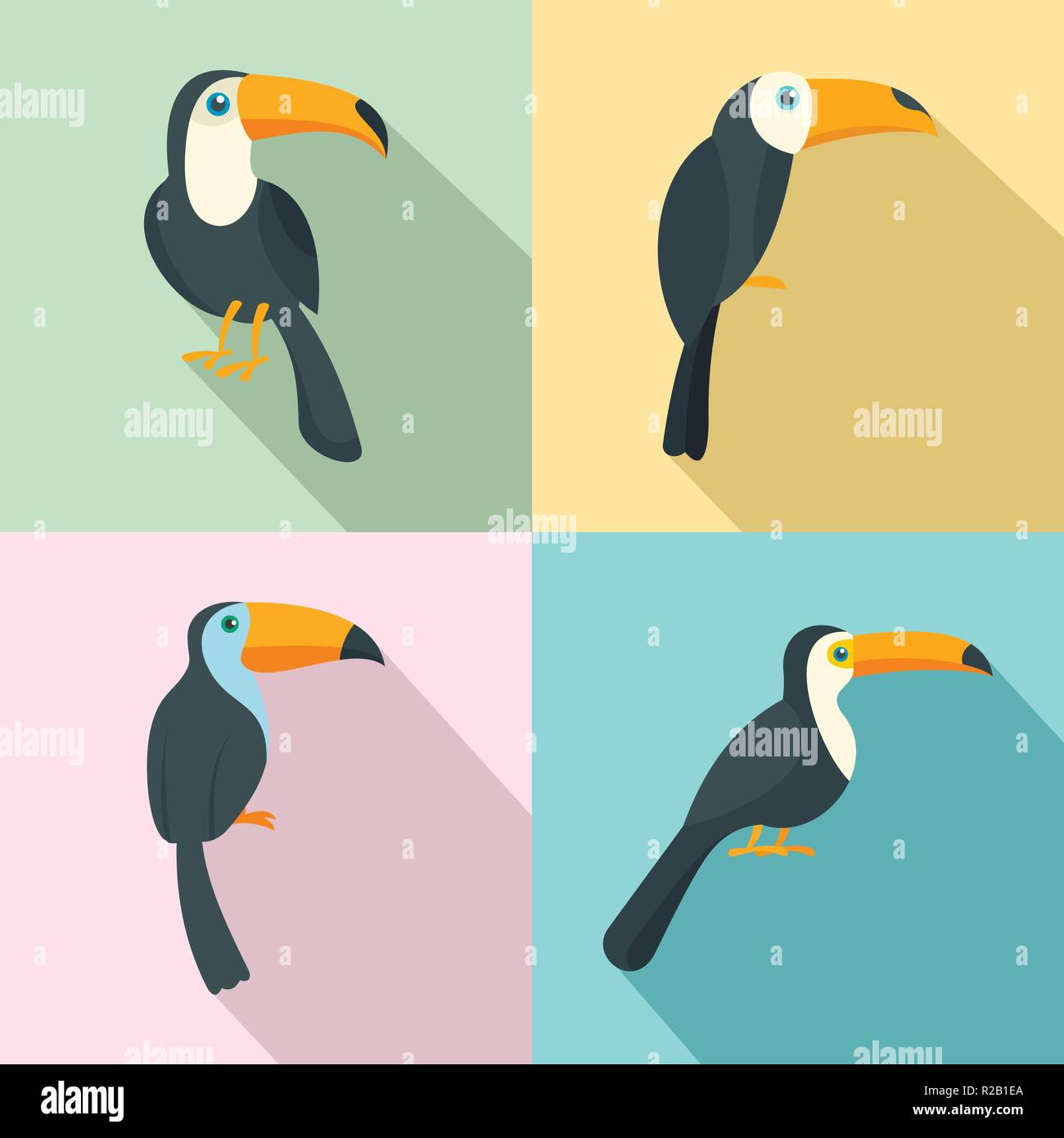 Toucan Papagei Vogel Symbole gesetzt. Flache Darstellung von 4 toucan Papagei Vogel Vector Icons für Web Stock Vektor