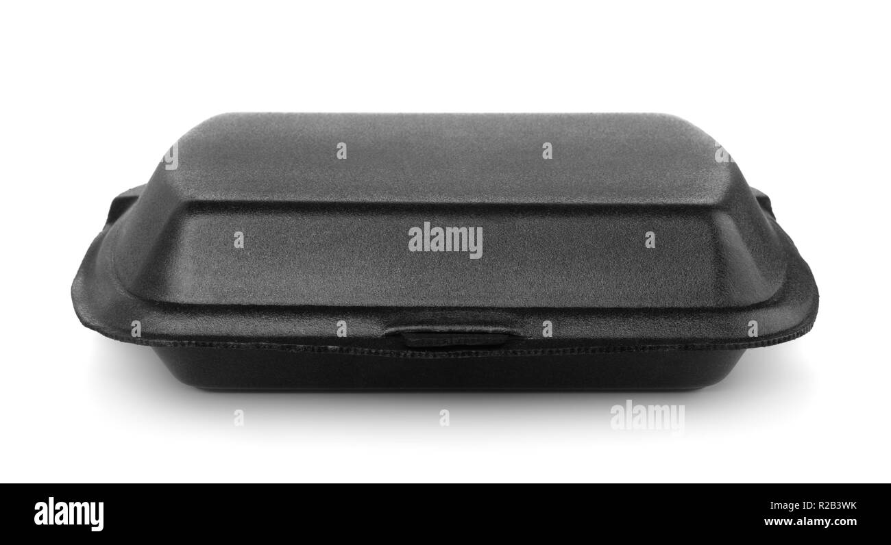 Vorderansicht des schwarzen Styropor Lebensmittel behälter isoliert auf weißem Stockfoto