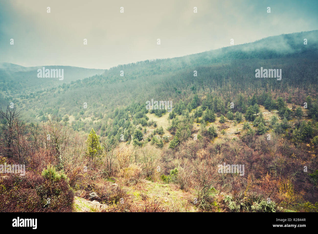 Berge in Nebel und Wolken am Frühling Tag, Vintage getönten Hintergrund Foto der Krim Stockfoto