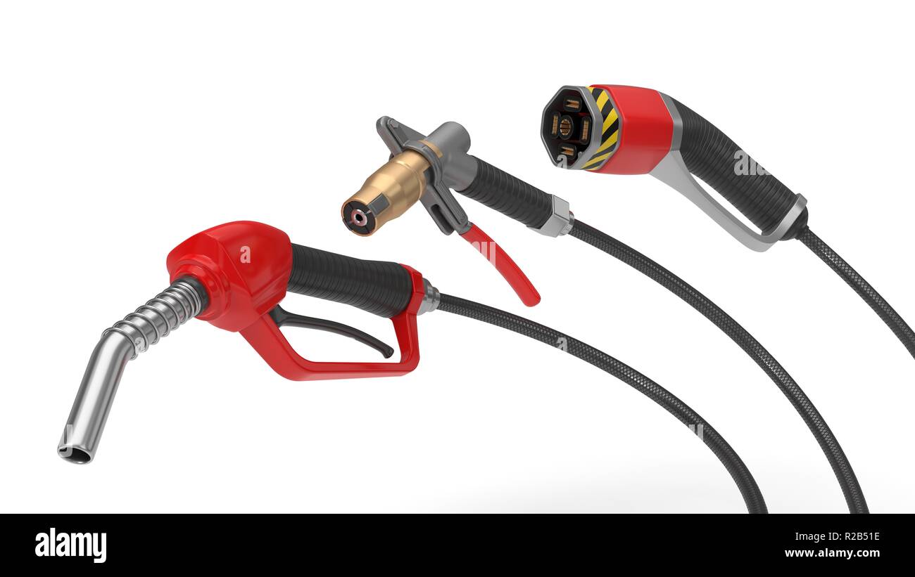 Kraftstoff, Gas und elektrische Düse. Geeignet für Auto, Verkehr, Technologie und elektrischen Themen. Illustration in 3d. Stockfoto