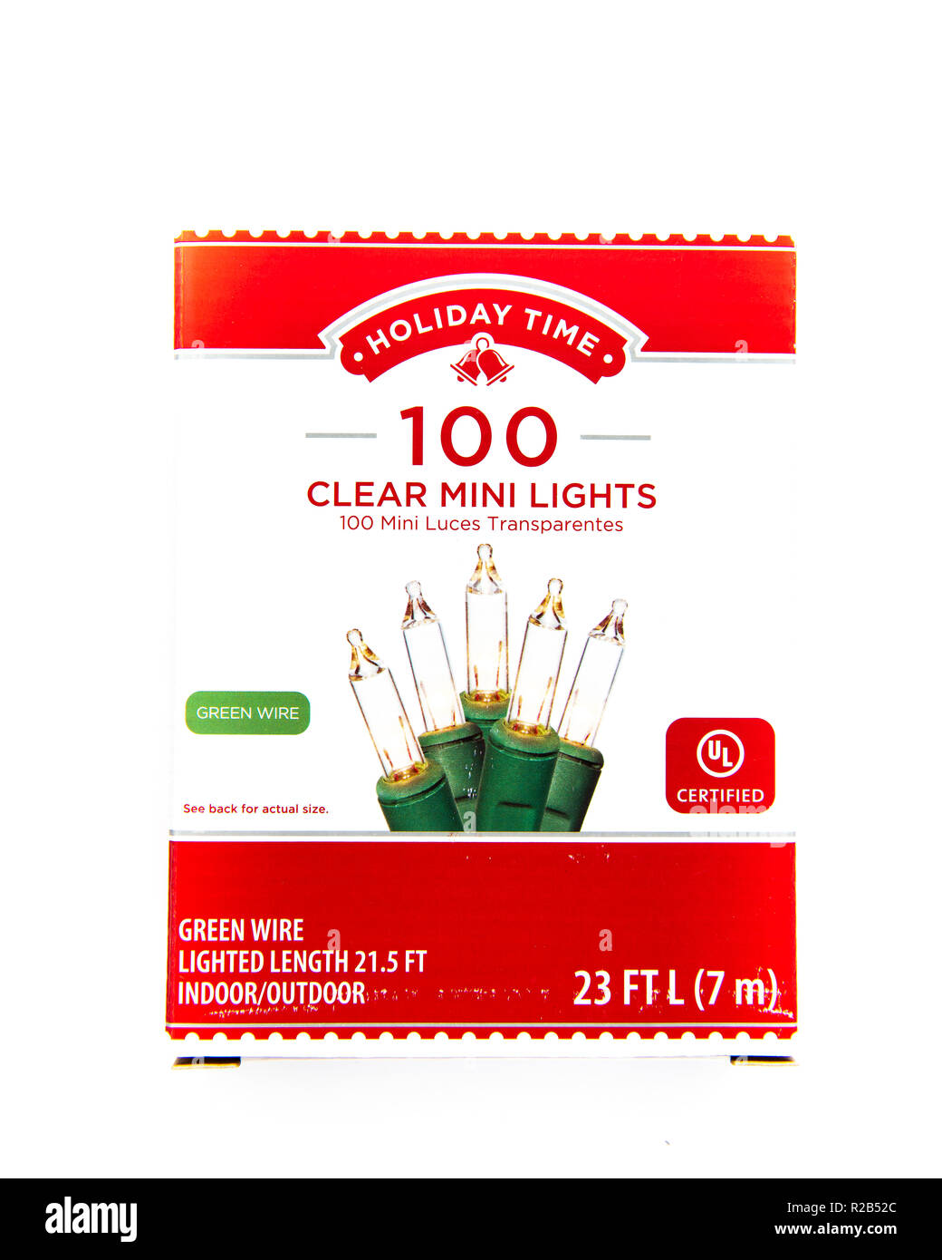 Eine Schachtel Urlaub klar mini Christmas Lights, 100 Lichter auf einem grünen Kabel für den Einsatz im Innen- oder Außenbereich. Stockfoto