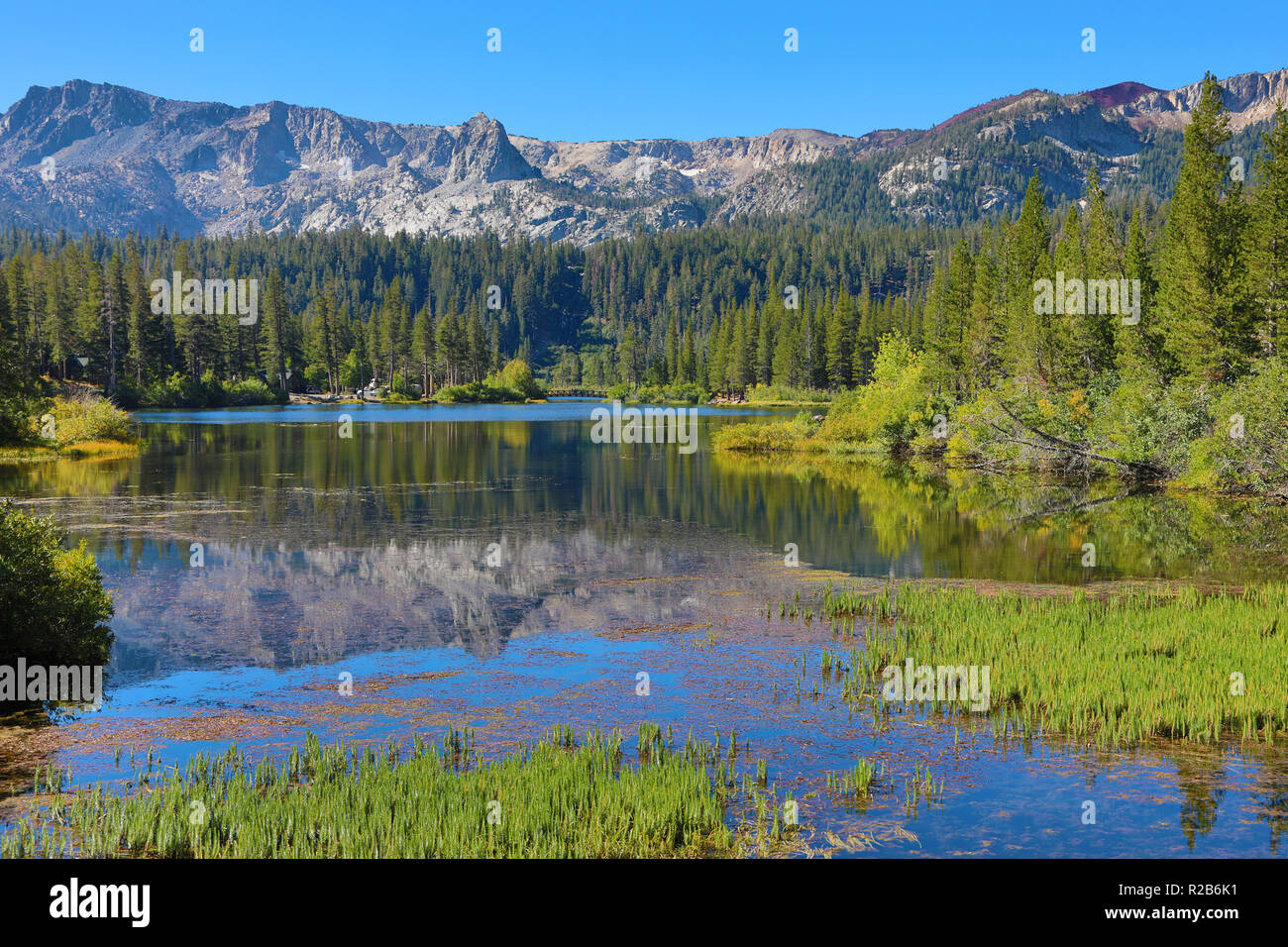 Reflexion der Berge in Twin Lakes, Mammoth Lakes, California, Vereinigte Staaten von Amerika Stockfoto