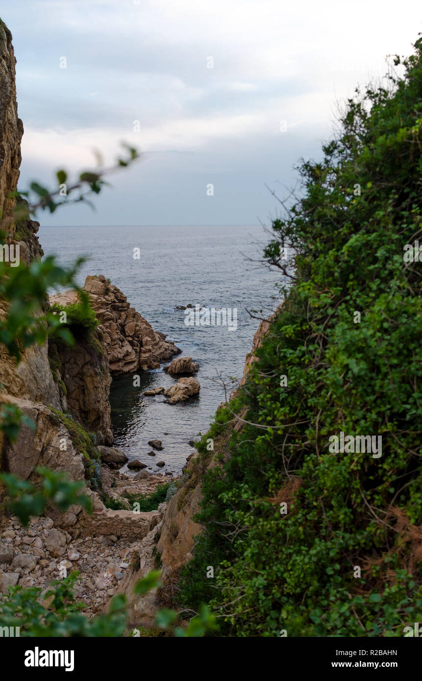 Fotos von Klippen von Cala de Sant Francesc, die Küste der Bucht von Blanes, Costa Brava, Spanien, Katalonien Stockfoto