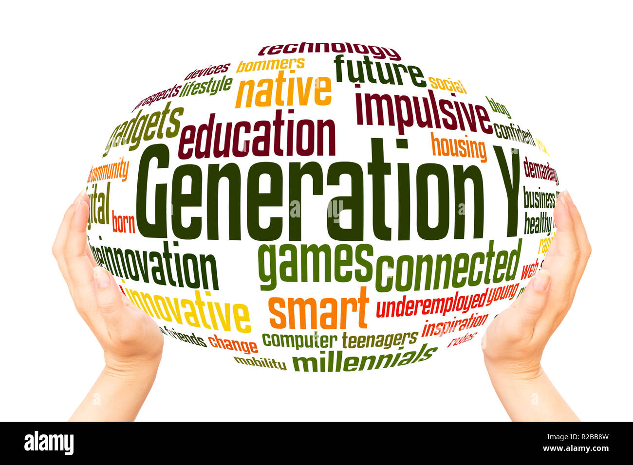 Generation Y Wort Cloud Hand Kugel Konzept auf weißem Hintergrund. Stockfoto