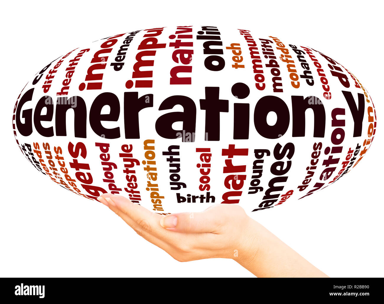 Generation Y Wort cloud Sphäre Konzept auf weißem Hintergrund. Stockfoto