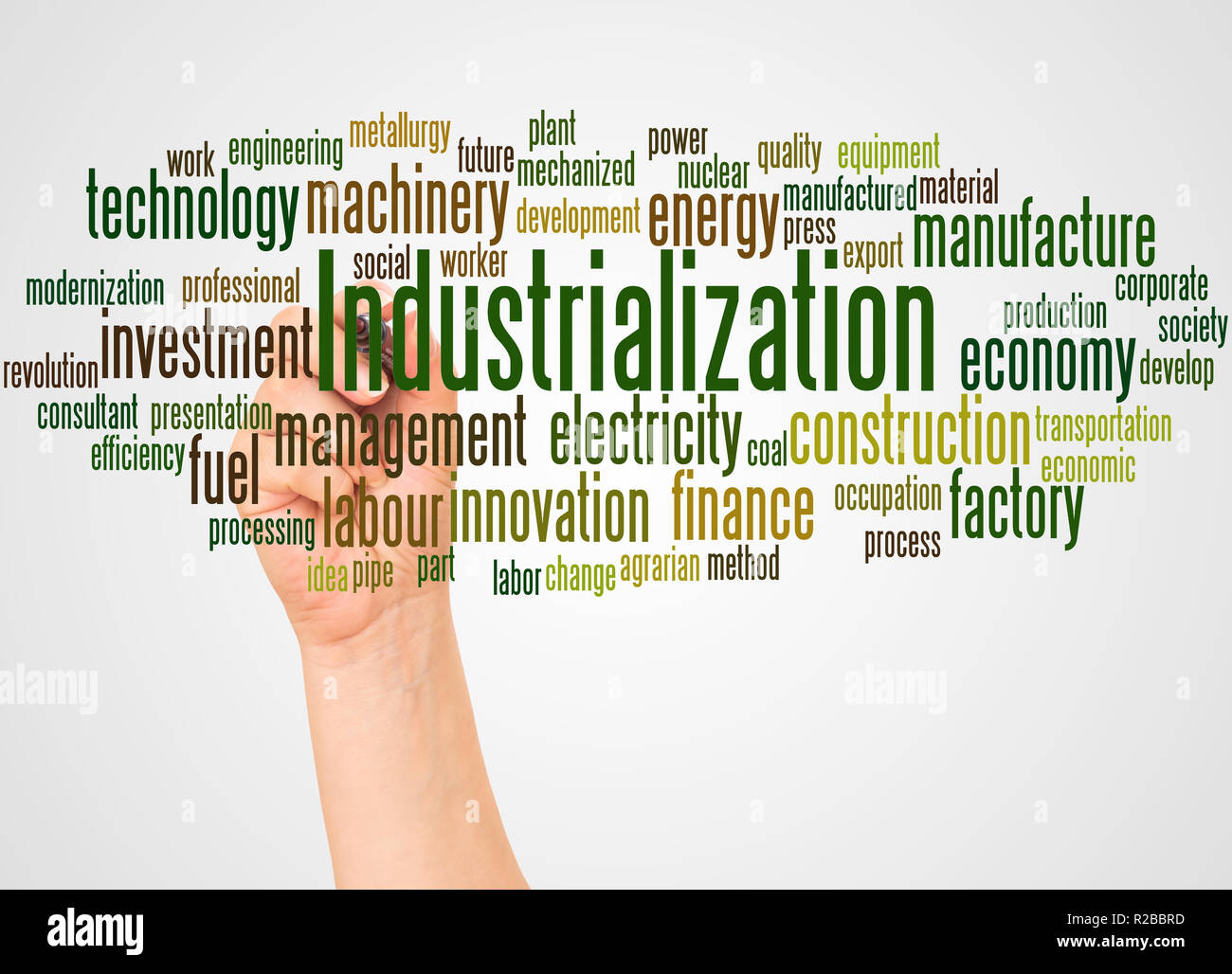 Industrialisierung Wort cloud und Hand mit Marker Konzept auf weißem Hintergrund. Stockfoto