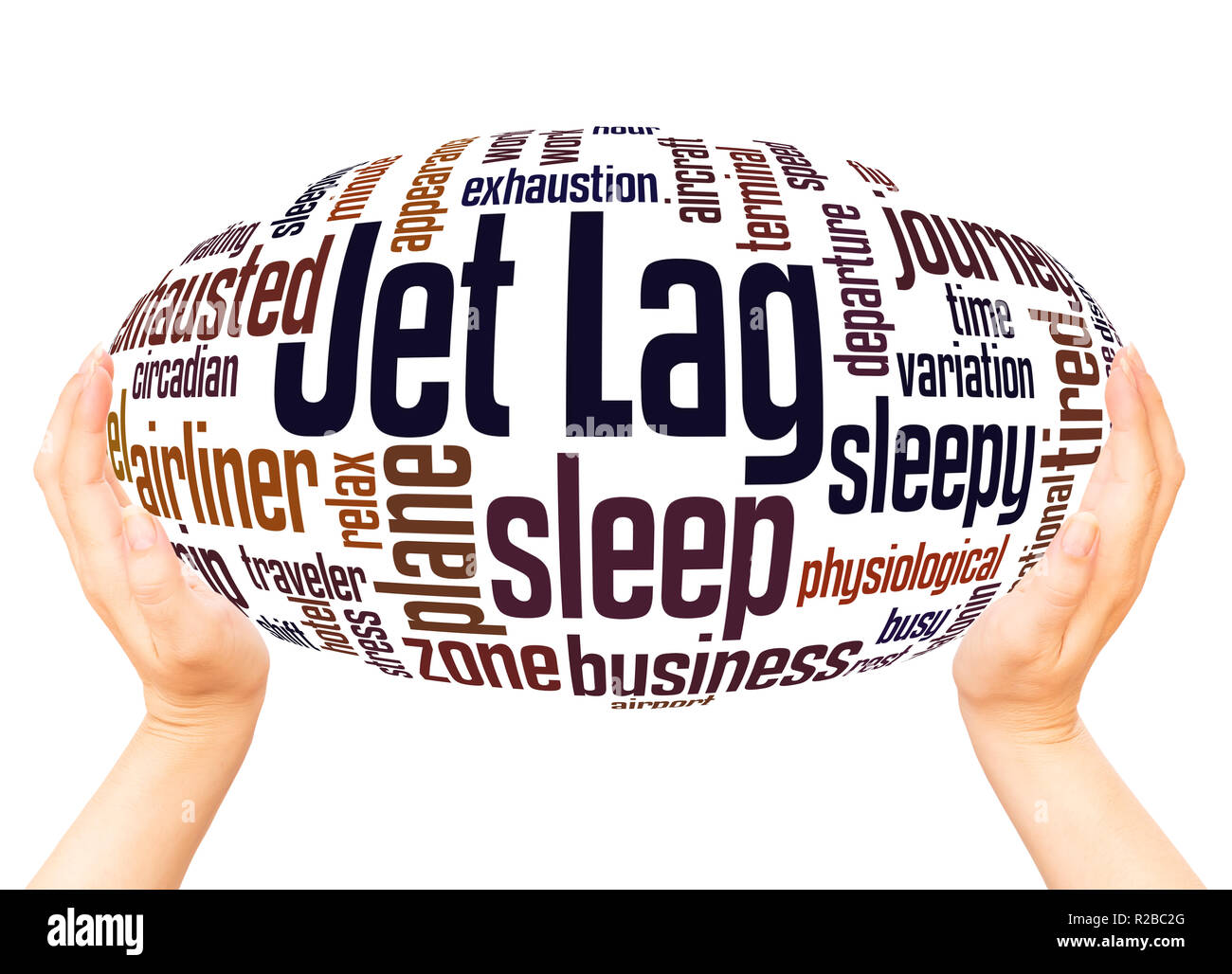 Jet Lag Wort Cloud Hand Kugel Konzept auf weißem Hintergrund. Stockfoto