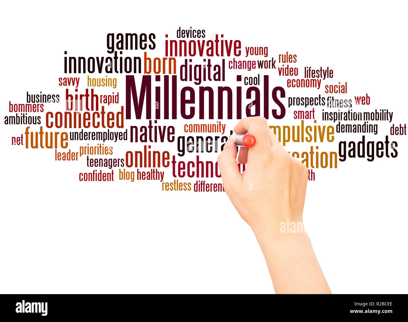Millennials Wort cloud hand Konzept Schrift auf weißen Hintergrund. Stockfoto