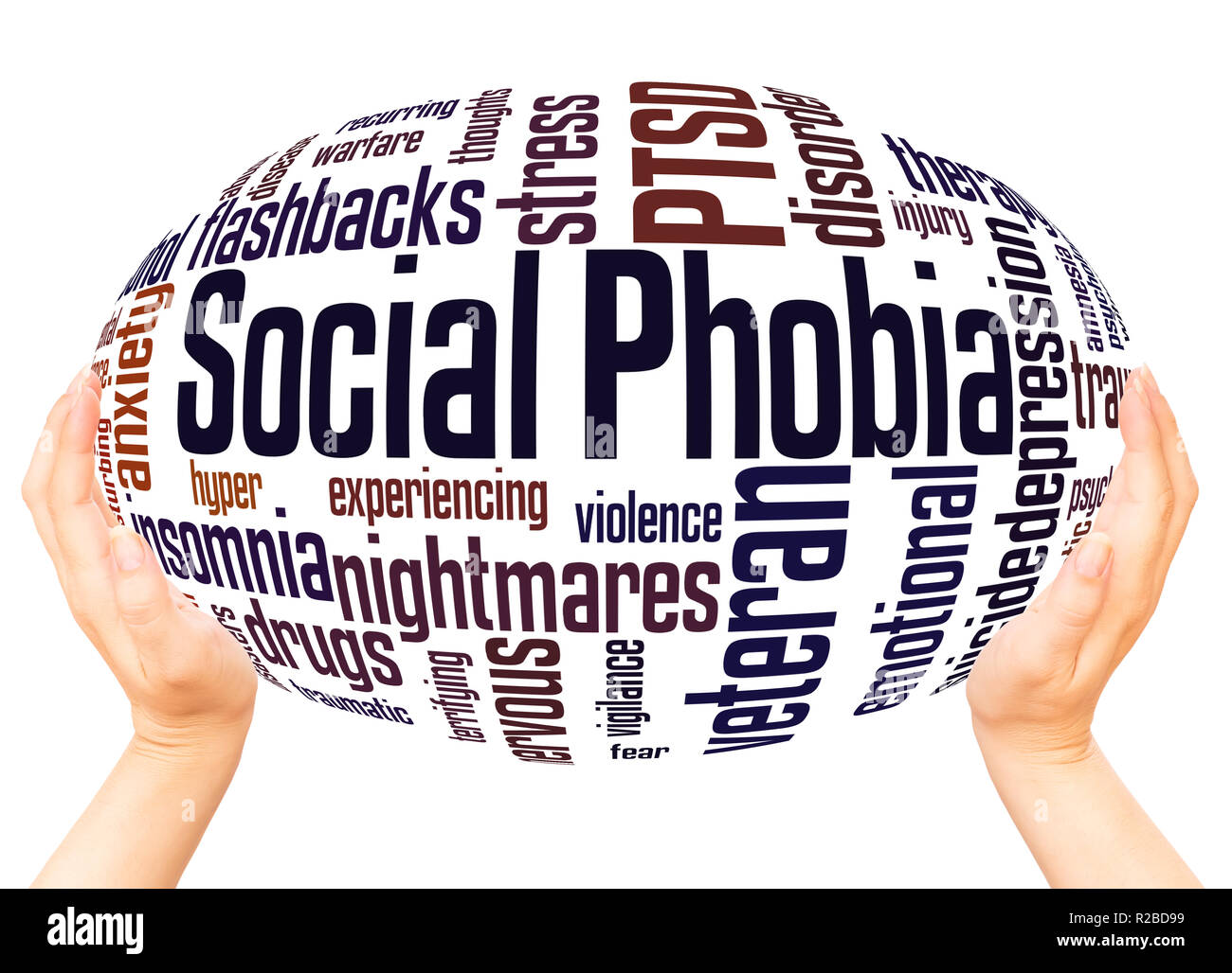 Soziale Phobie und PTSD Wort Cloud Hand Kugel Konzept auf weißem Hintergrund. Stockfoto