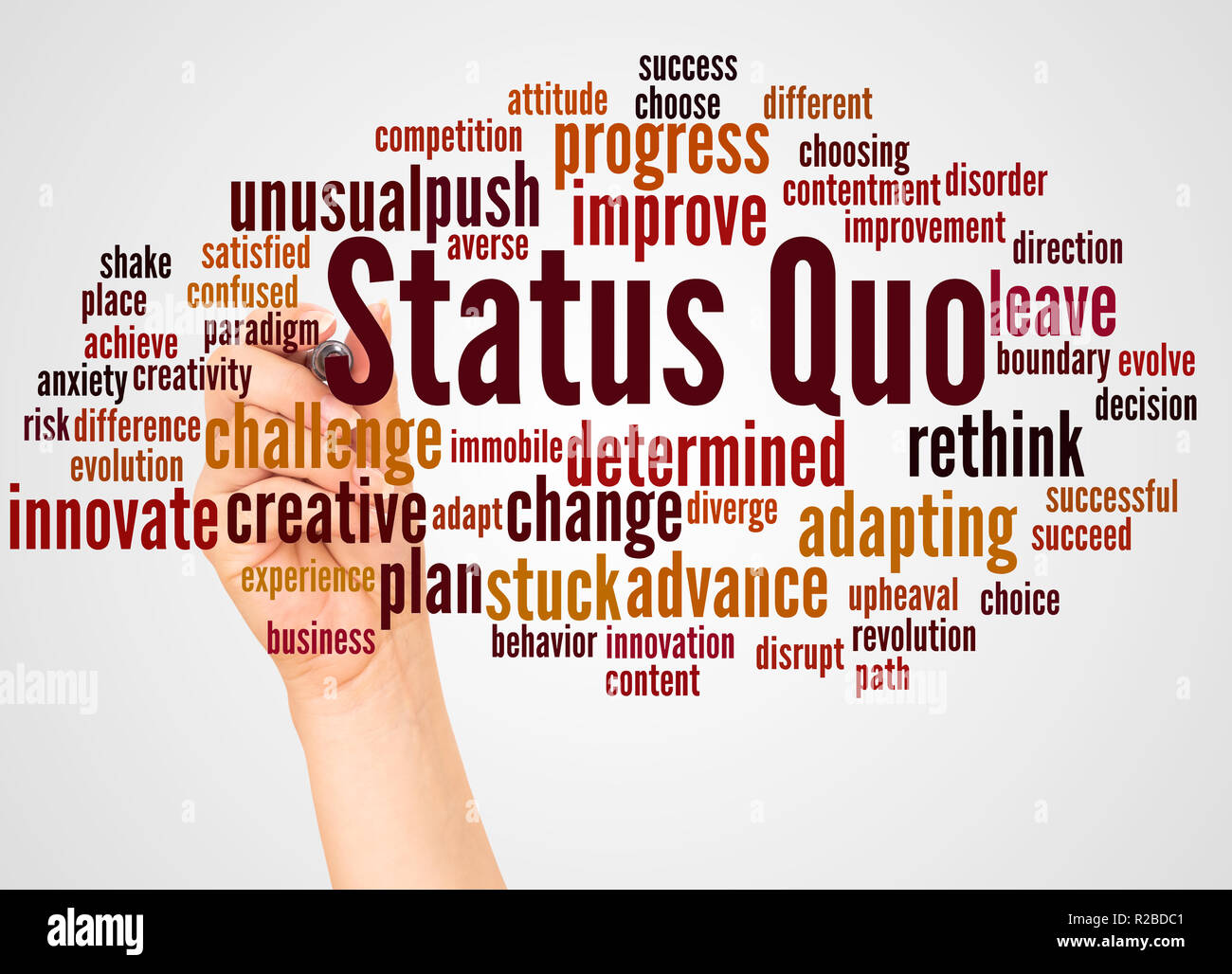 Status Quo Wort cloud und Hand mit Marker Konzept auf weißem Hintergrund. Stockfoto