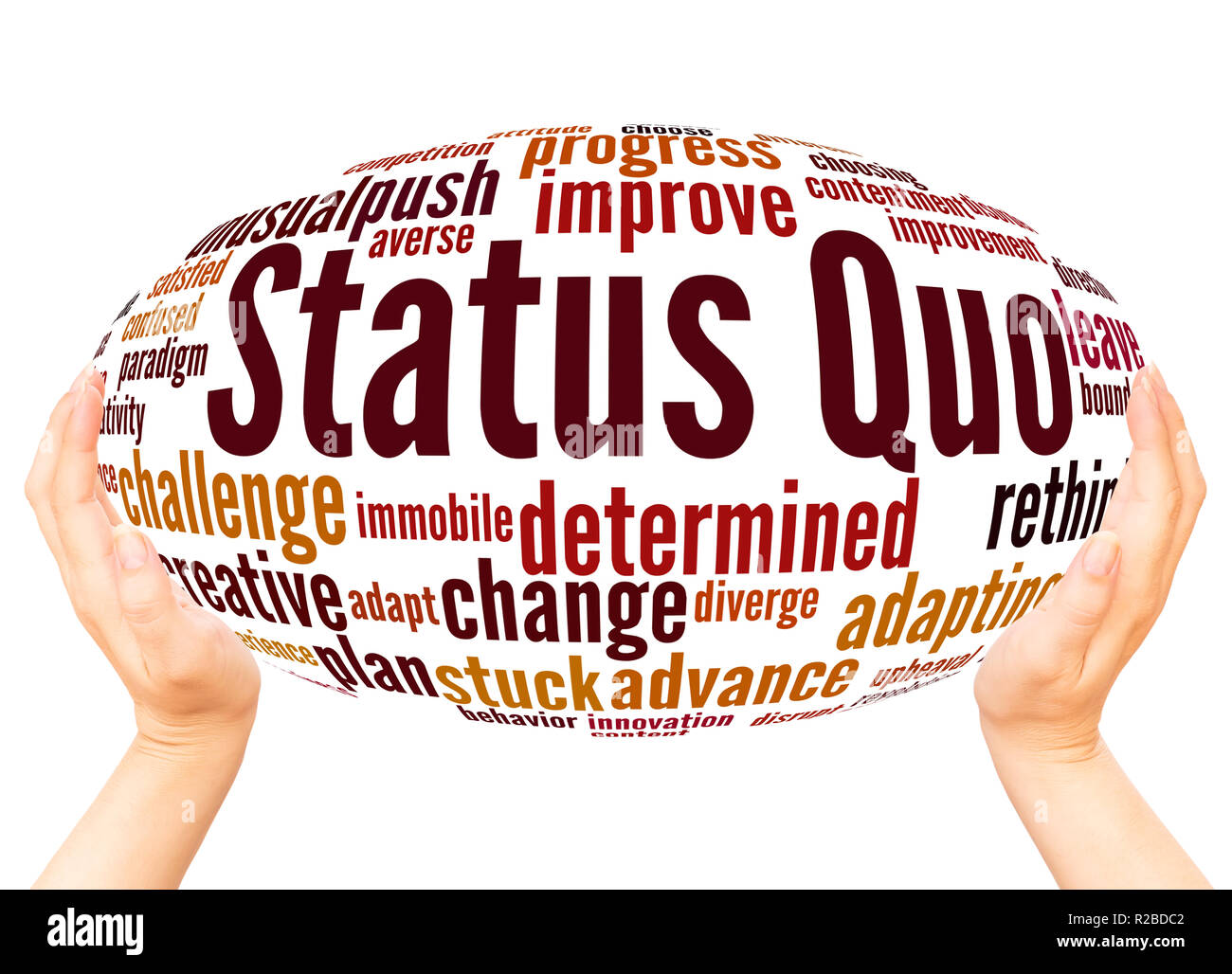 Status Quo Wort Cloud Hand Kugel Konzept auf weißem Hintergrund. Stockfoto