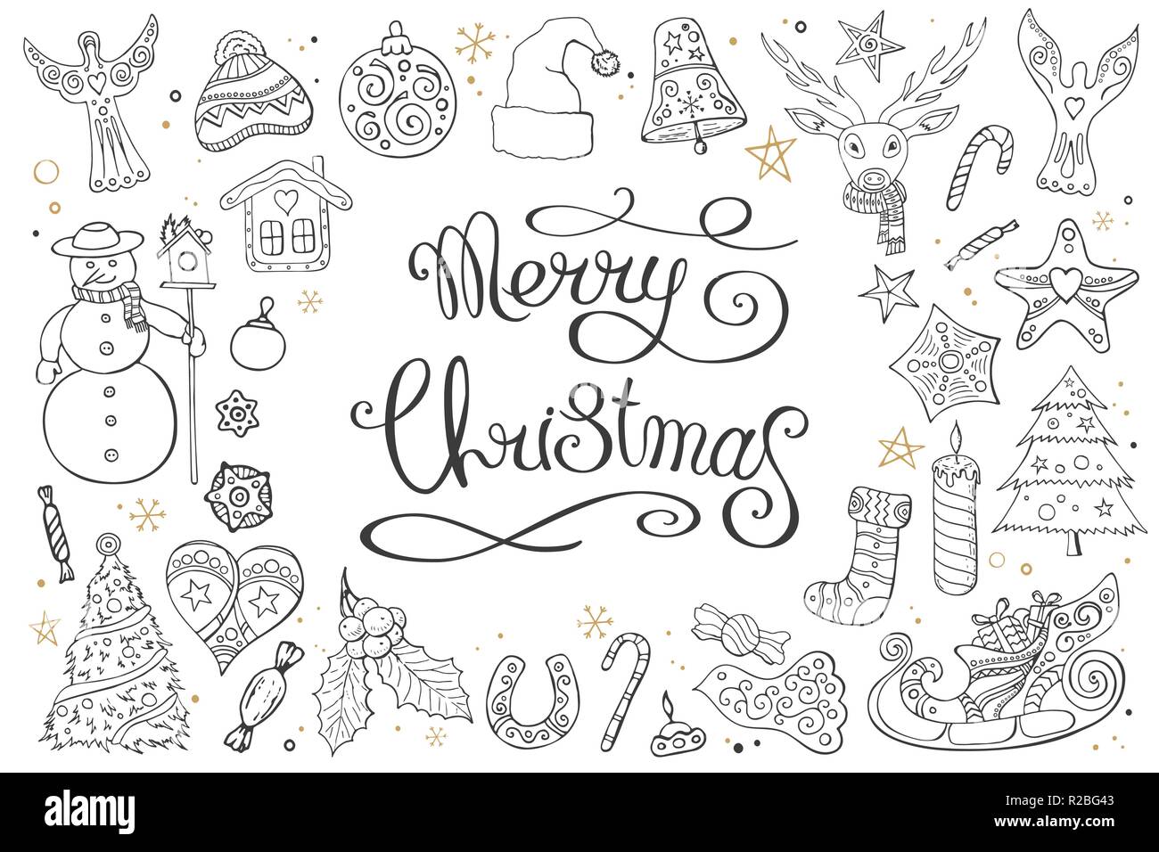 Big mit Vintage Weihnachten Dekoration. Festliche Elemente und Symbole für neue Saison Design. Auf weissem Hintergrund. Monochrom, Kontur, Stock Vektor