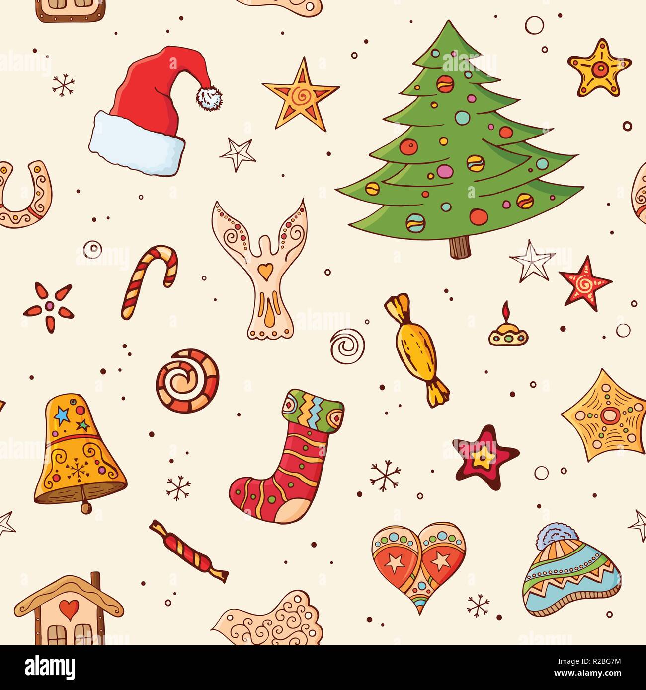 Nahtlose festliche Muster mit traditionellen Weihnachten Symbole und Dekoration. Endlose traditionellen Textur für Weihnachten Design, Stoffe, Tapeten. Stock Vektor