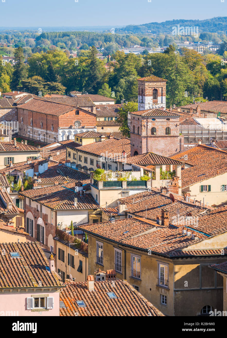Panoramischer Anblick in Lucca mit Santa Maria Forisportamth Kirche. Toskana, Italien. Stockfoto