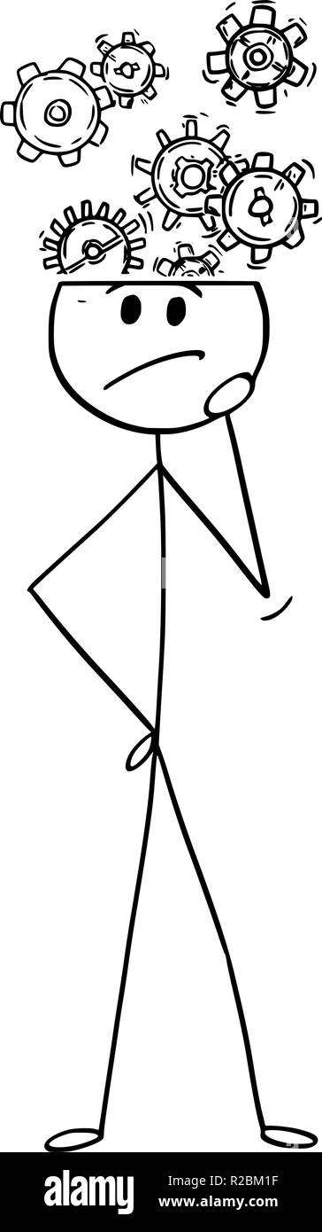 Cartoon von Mann oder Geschäftsmann mit Zahnrädern aus seinem Kopf Stock Vektor