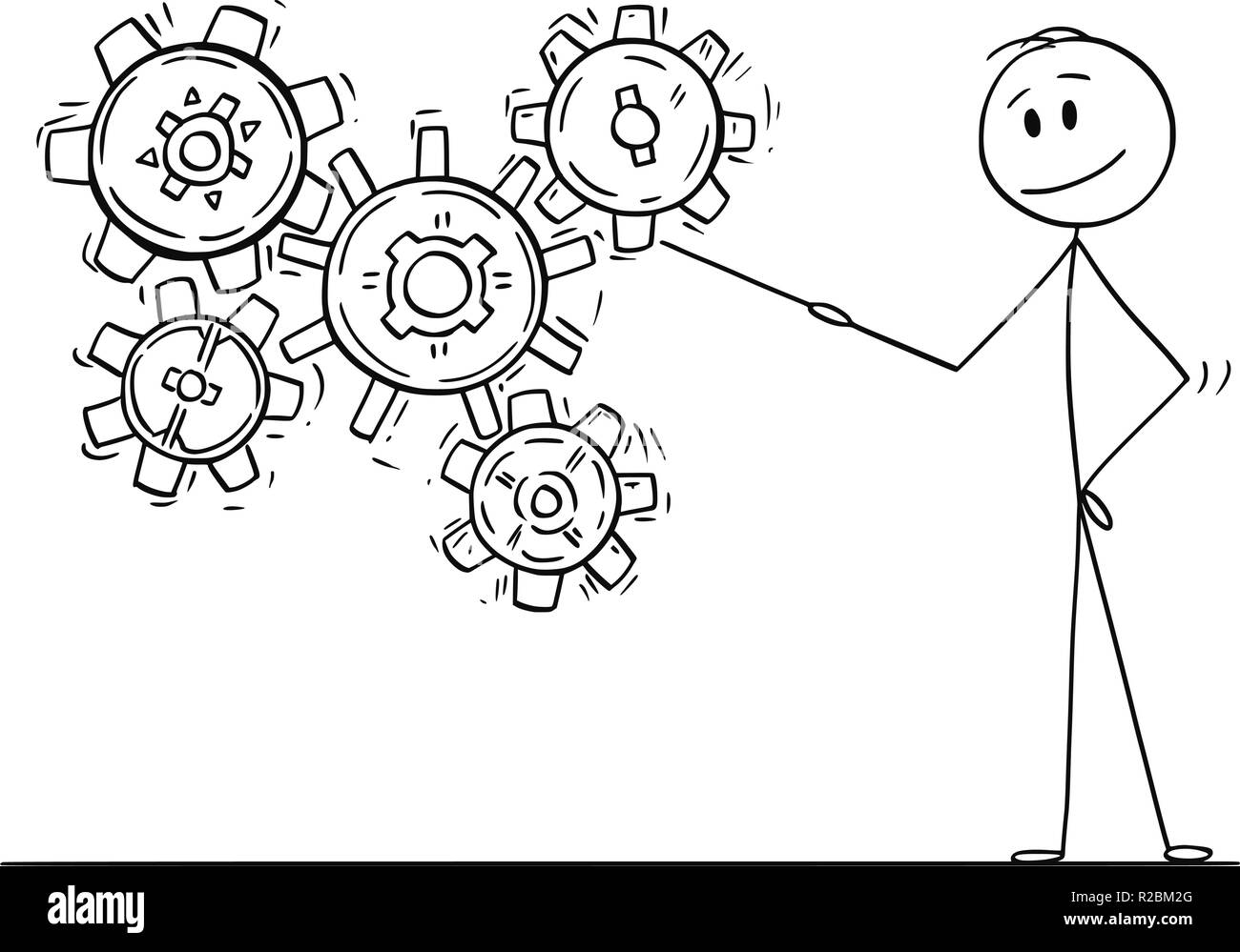 Cartoon von Mann oder Geschäftsmann, der auf die Zahnräder bzw. Cog oder Zahnräder Stock Vektor