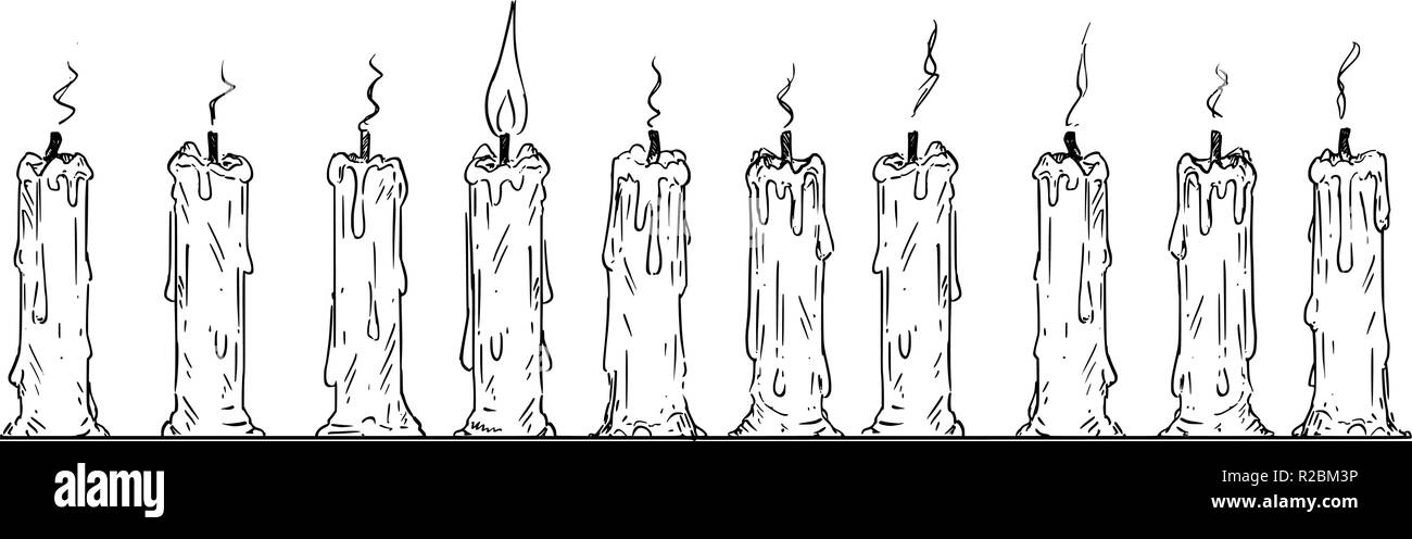 Cartoon von Reihe von Ausgebrannten Kerzen nur einer von Ihnen Leuchtet Stock Vektor