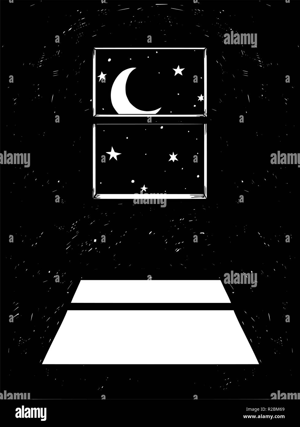 Cartoon von Crescent gehörnten Mond und Sterne scheint durch die Fenster in der Nacht Stock Vektor