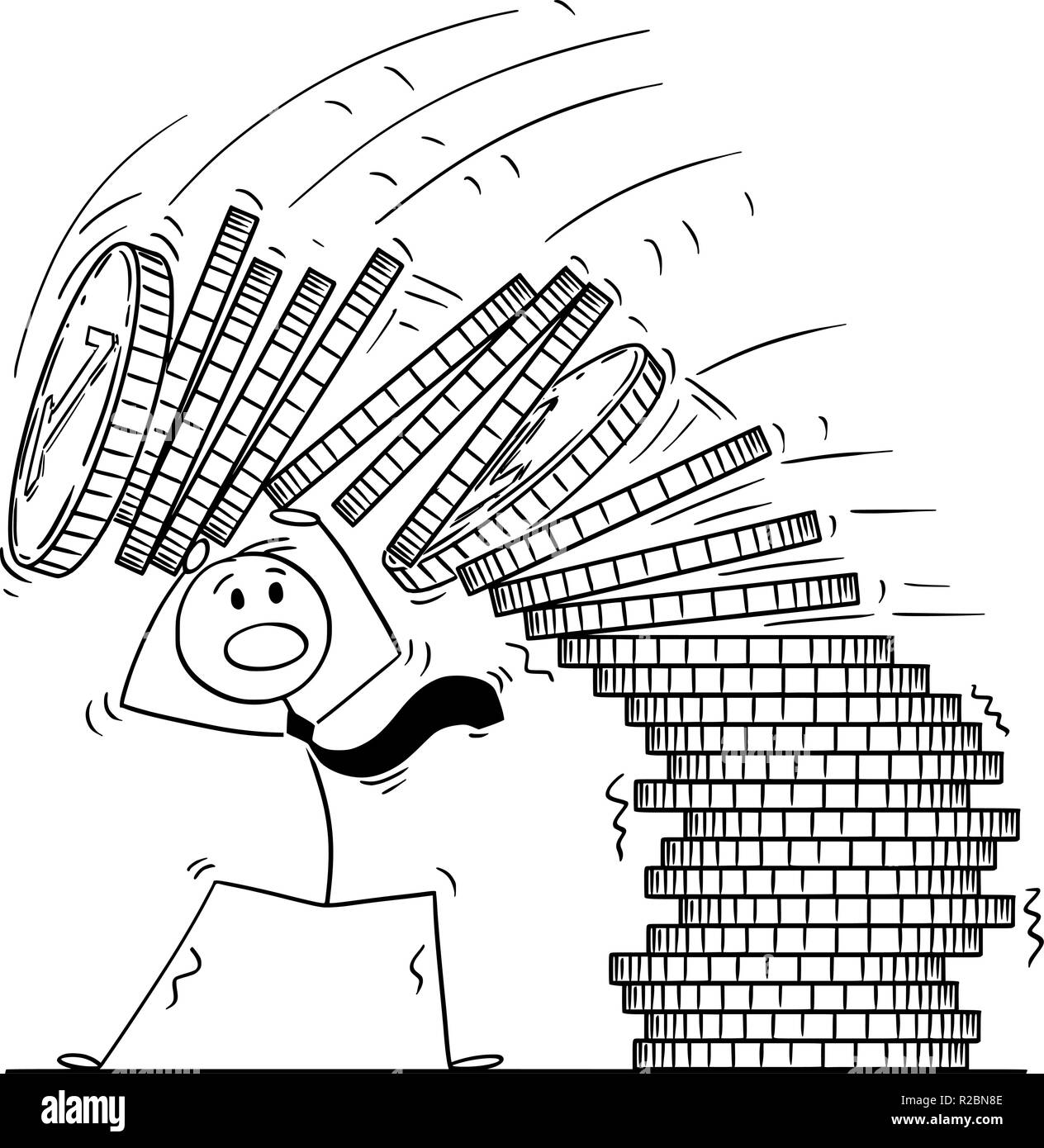 Cartoon von Geschäftsmann unter der Haufen von Münzen Stock Vektor