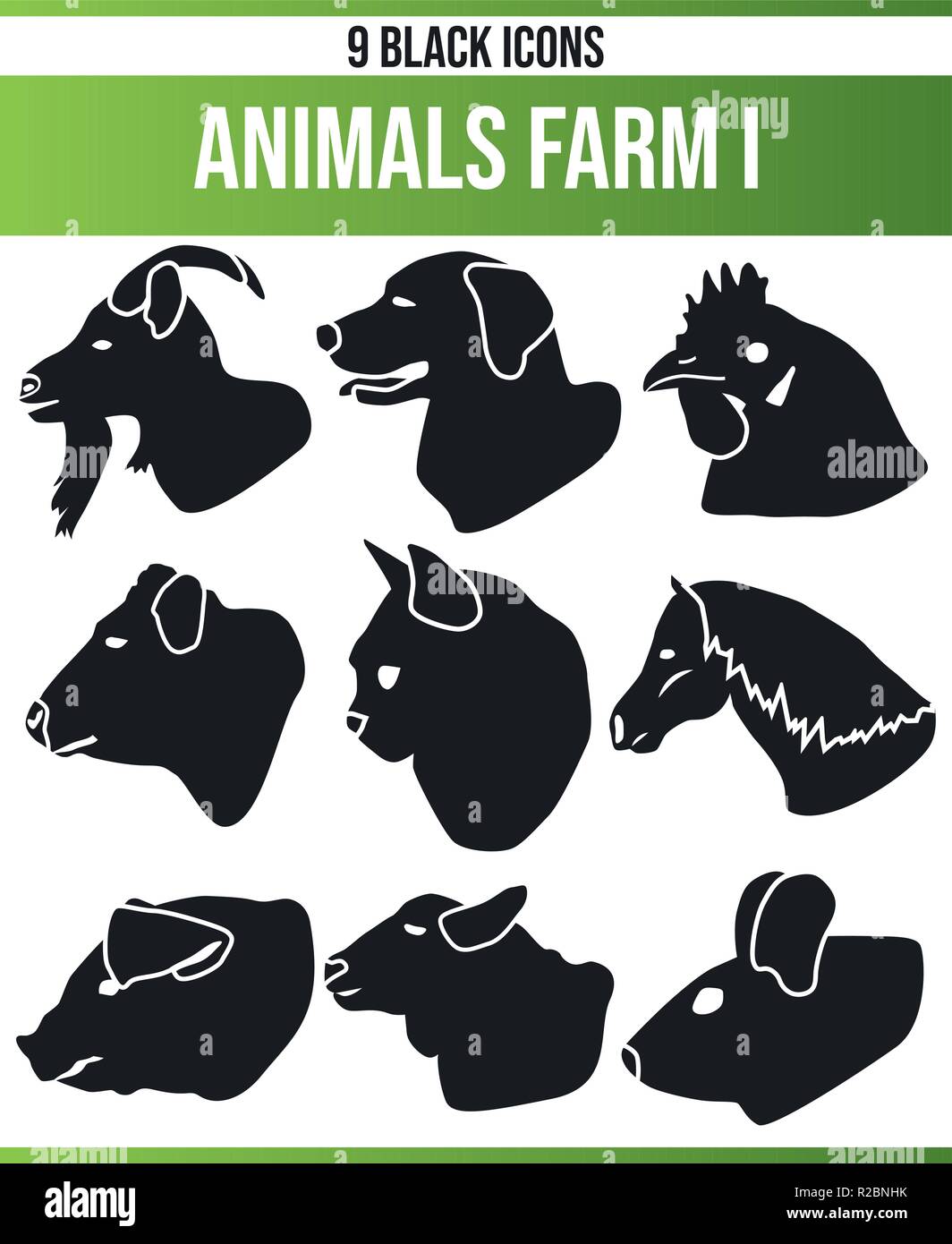 Schwarz Piktoramme/Icons auf Nutztiere. Dieses Icon Set ist perfekt für kreative Menschen und Designer, die das Thema der Bauernhof Tiere in Ihrem Diagramm benötigen Stock Vektor