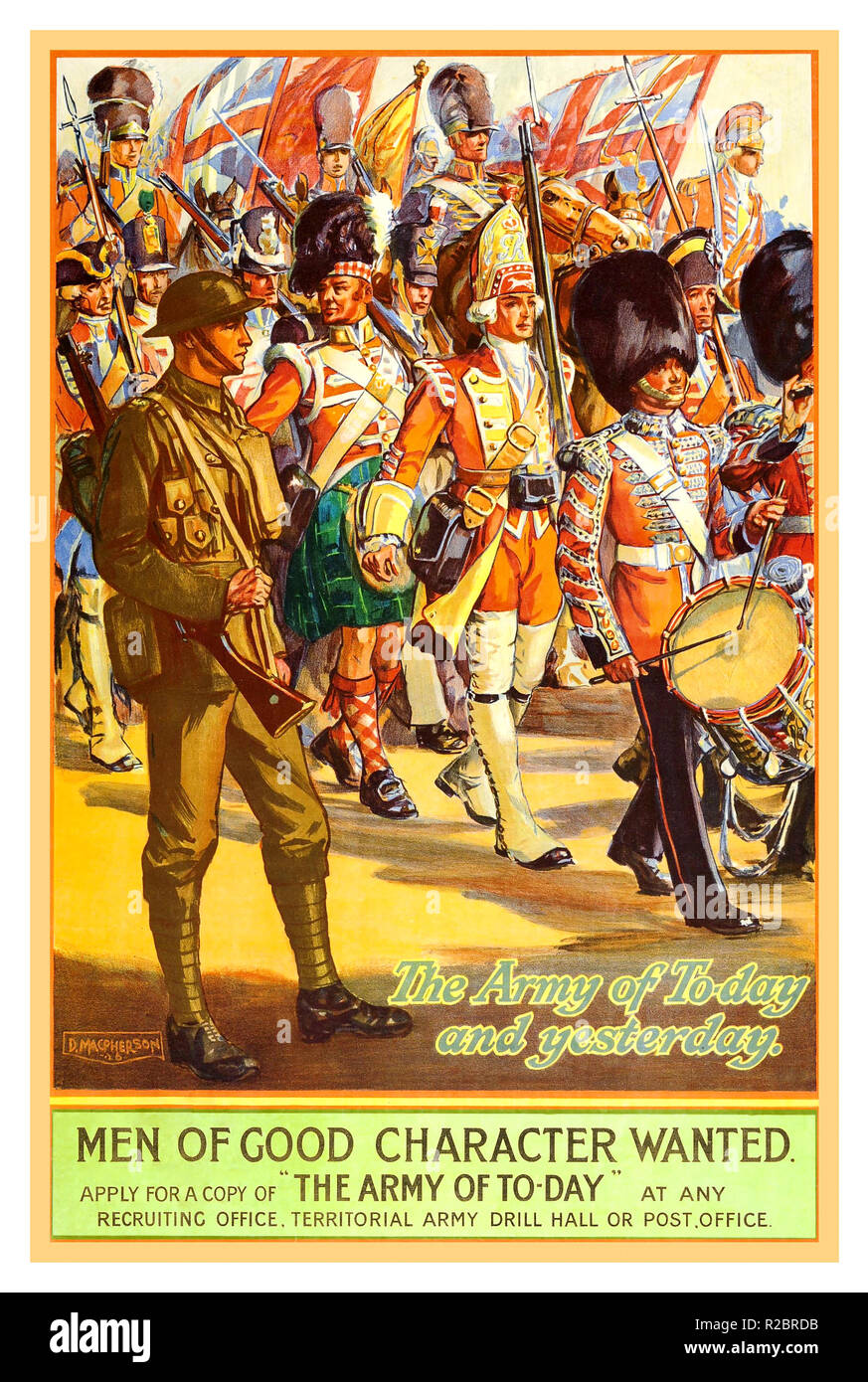 Vintage WW1 Propagandaplakat 1913 britische Armee Rekrutierung Poster gestalten, Großbritannien Armeen in Uniform zurück durch die Geschichte marschieren.. Die Armee von Heute und Gestern.. Bin en der gute Charakter wollte'' der Armee von Heute' Stockfoto