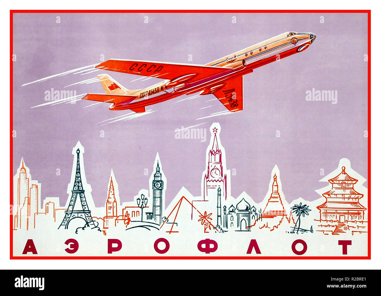 Der Jahrgang 1950 der Sowjetischen Aeroflot russische Luftfahrt Werbeplakat für sowjetische staatliche Fluggesellschaft Aeroflot. Poster mit einem jetliner Flugzeuge mit sowjetischen CCCP Tupolew Tu-104 fliegen über die skylines von Nordamerika, Europa und Asien Hauptstädte der Welt mit bemerkenswerten Gebäuden, darunter der Eiffelturm Paris, "Big Ben" in London, Pyramide für Kairo und Kreml für Moskau. Russland, 1950 Stockfoto